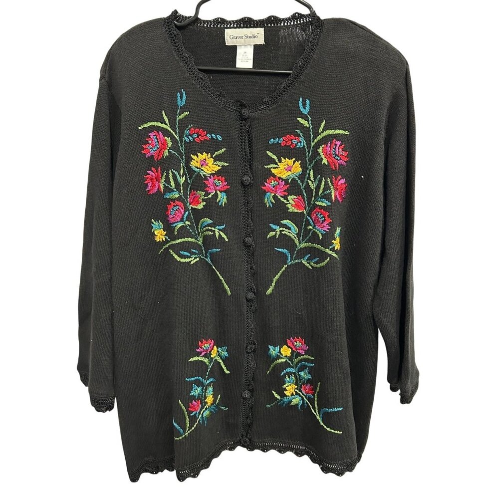 Graver Studio Floral Embroidered Cardigan Black Button Front Sweater Sz 2X